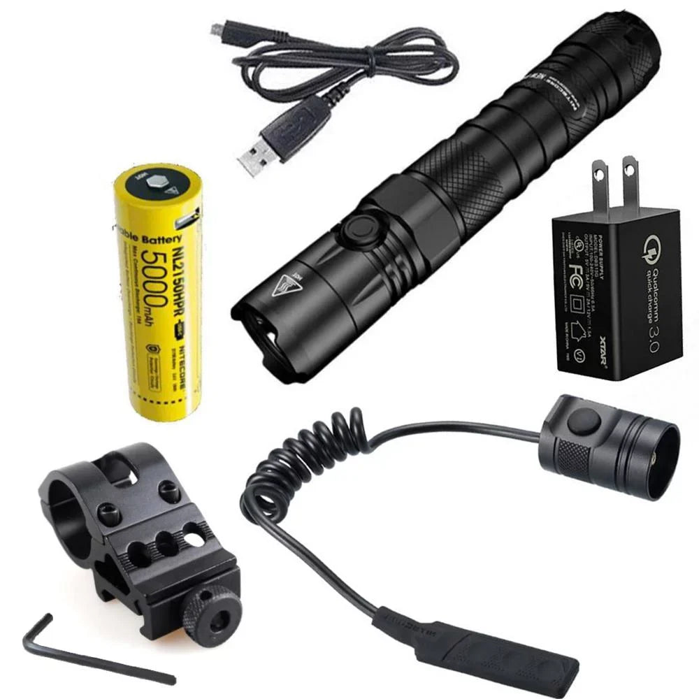 Nitecore New P12 Version LED Flashlight - 1200 Lumens w/NL2150HPR Battery, USB Cord, Offset Mount, RSW3 Pressure Switch, and 3Amp Wall Adapter