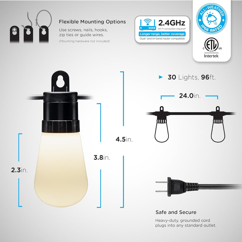 MINGFENG Smart Color Changing String Lights, 96 ft, 30 Lightweight RGB LED Patio Lights, Weatherproof, Customizable, Wi-Fi App Control, Dimmable Outdoor String Lights, 79617