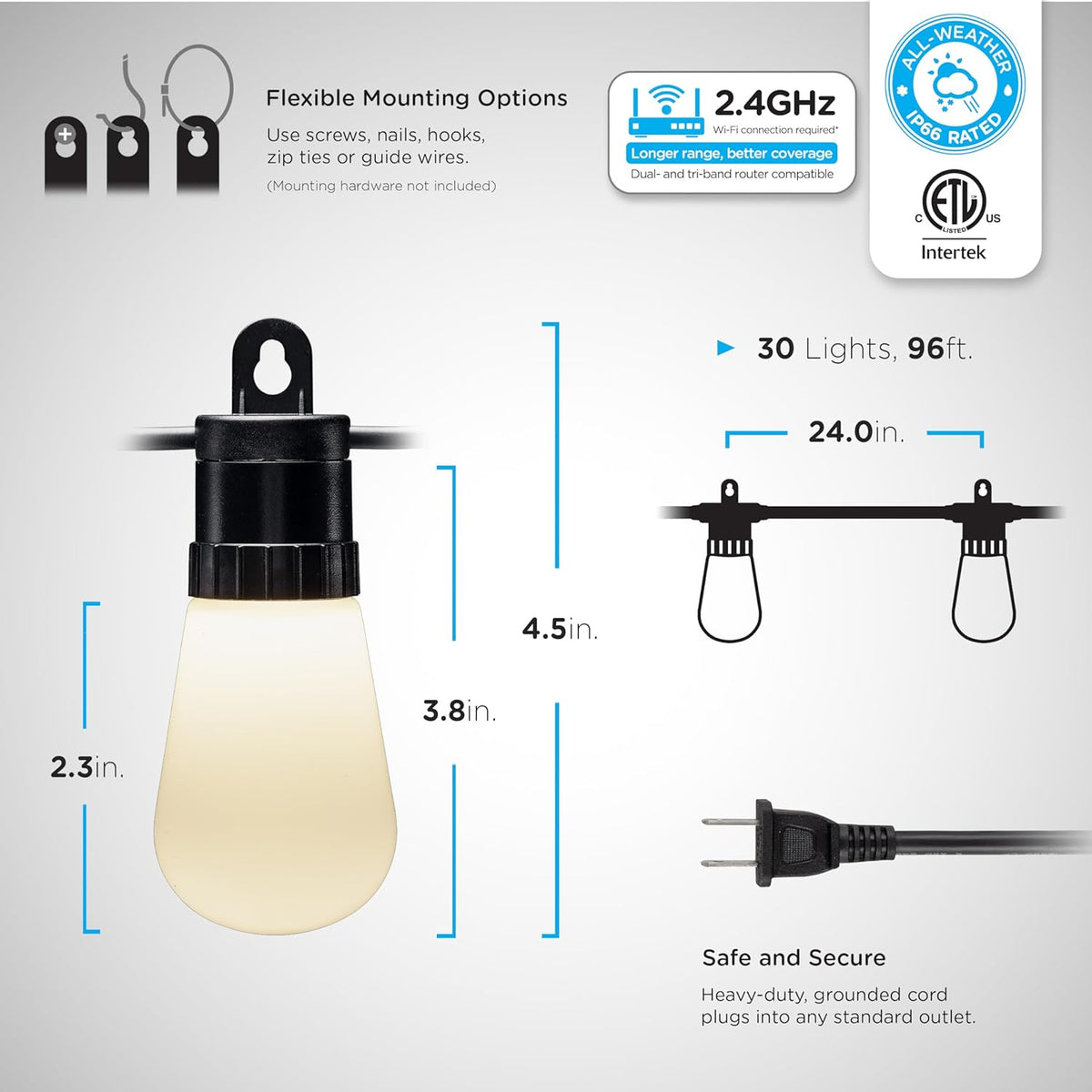 MINGFENG Smart Color Changing String Lights, 96 ft, 30 Lightweight RGB LED Patio Lights, Weatherproof, Customizable, Wi-Fi App Control, Dimmable Outdoor String Lights, 79617
