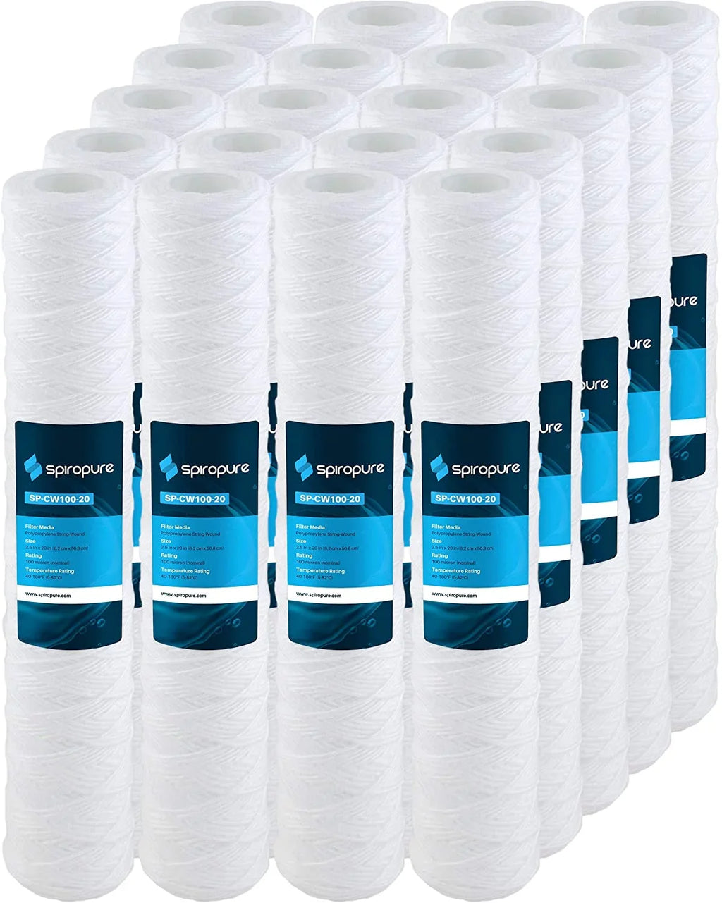 SpiroPure SP-CW100-20 20x2.5 100 Micron String-Wound Polypropylene Sediment Fluid Filter Cartridge SWC-25-20100 (Case of 20)