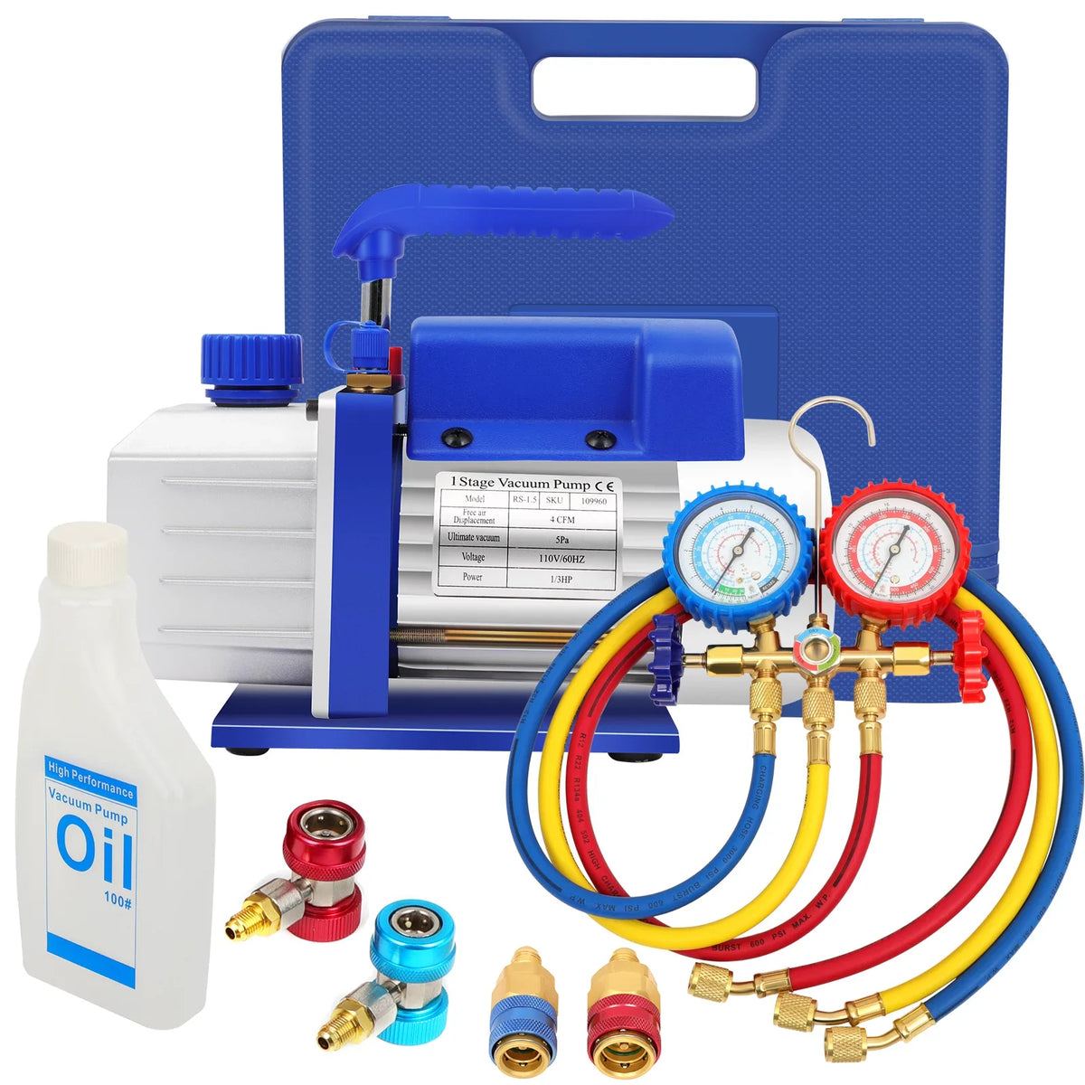 Complete Refrigerant Repair Tool Kit,1/3 4CFM HVAC Vacuum Pump,R134a AC Manifold Gauge Set With Hoses and Quick Couplers,Leak Detector For Air Conditioner