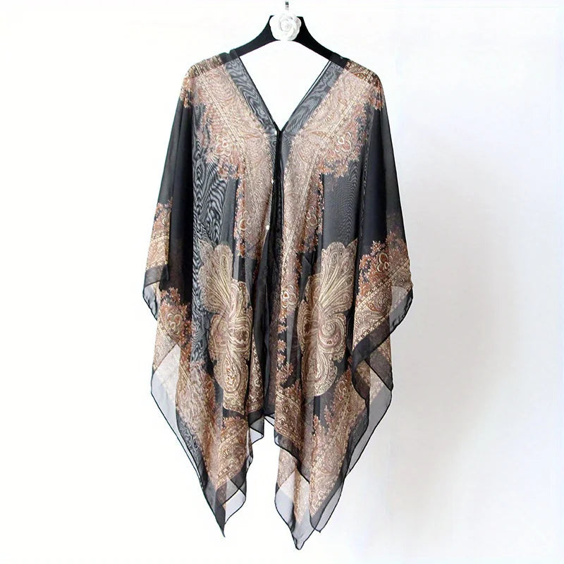Jkzcp Fashionable Sun Protection Vintage Paisley Print Shawl Bikini Cover Up With Button