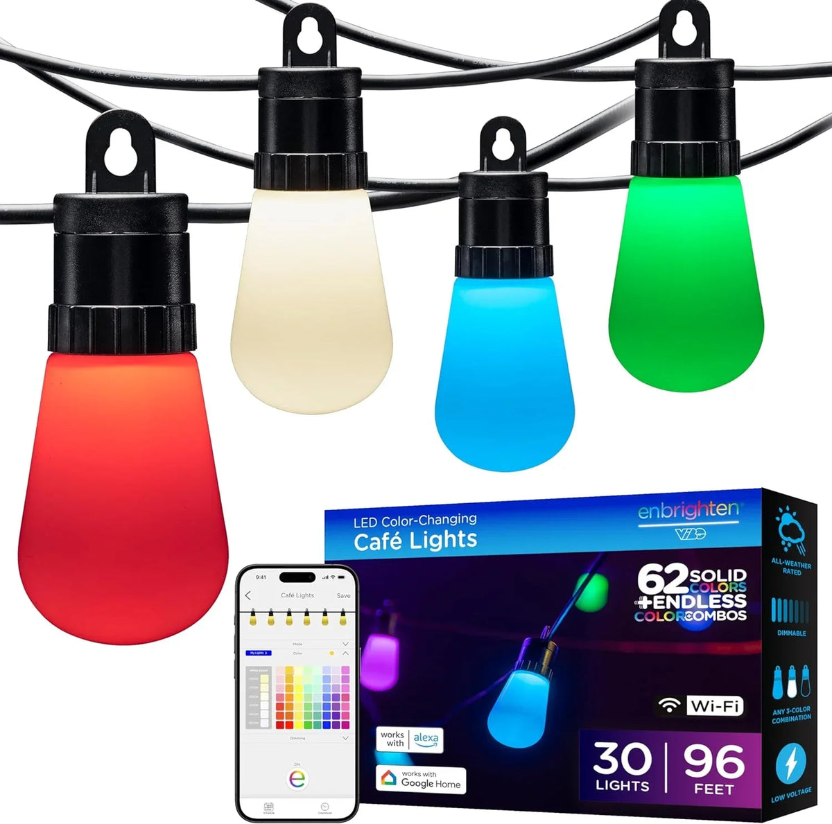 MINGFENG Smart Color Changing String Lights, 96 ft, 30 Lightweight RGB LED Patio Lights, Weatherproof, Customizable, Wi-Fi App Control, Dimmable Outdoor String Lights, 79617