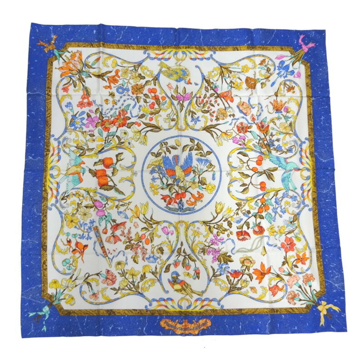 Pre-Owned Hermes Carre 90 PIERRES D’ ORIENT ET OCCIDENT Oriental stone and Western stonework Women’s Scarf Muffler 100% Silk White/Blue (Like New)