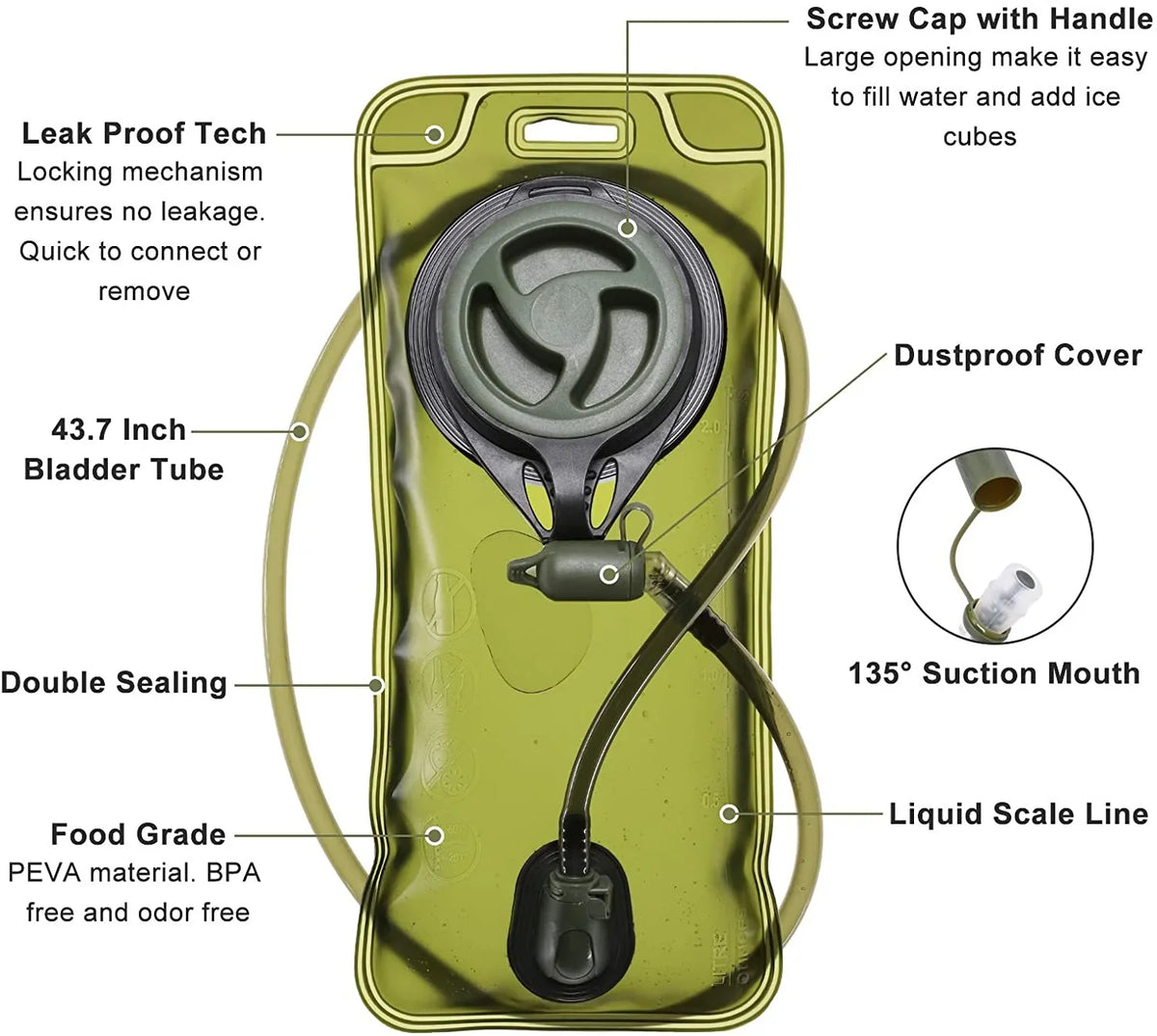 SKL Hydration Pack Tactical Fluid Backpack with 2L BPA Free Liquid Bladder, Military Liquid Bag Thermal Insulation, Adjustable Waist Pocket Daypack Fits Women Men for Running Hiking Cycling Biking