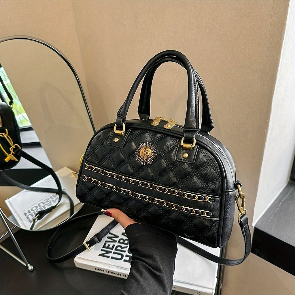 MICHROE Argyle Quilted Handbag Y2K Chain Decor Bowling Bag Women‘s Boston Crossbody Purse