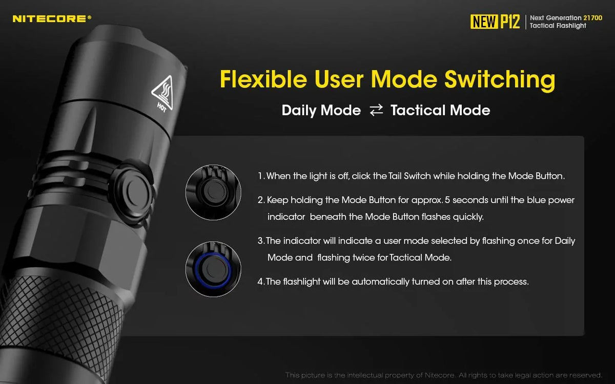 Nitecore New P12 Version LED Flashlight - 1200 Lumens w/NL2150HPR Battery, USB Cord, Offset Mount, RSW3 Pressure Switch, and 3Amp Wall Adapter