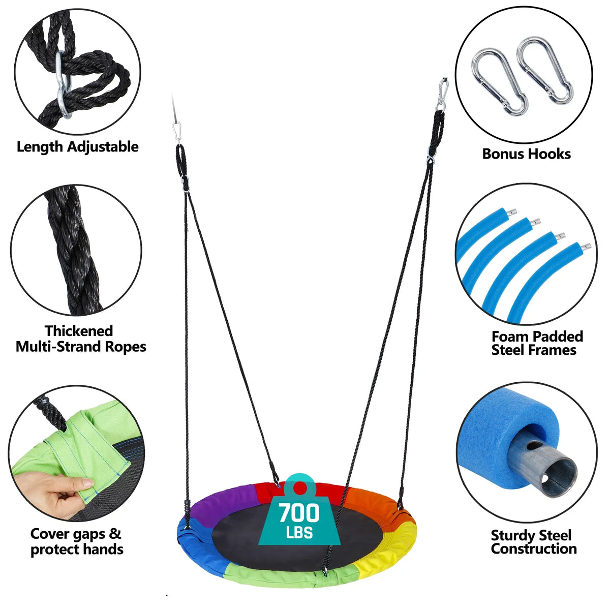 ZenSports 700lb Outdoor 40" Kids Saucer Web Tree Swing Set - 70’’ Adjustable Ropes 360 Rotate°, Steel Frame, UV Protection, Fluid Multi-Color Rainbow
