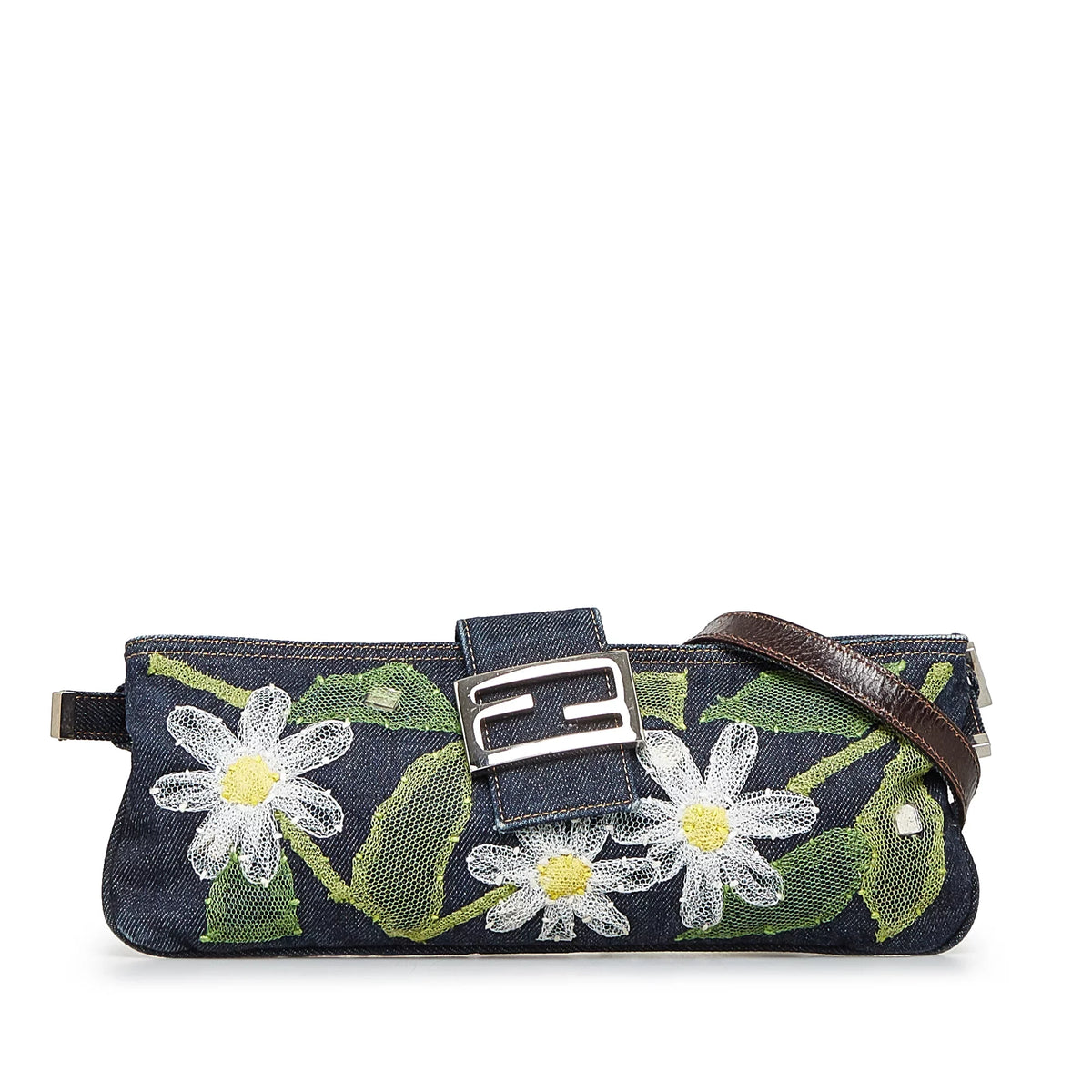 Pre-Owned Authenticated Fendi Embroidered Baguette Denim Fabric Blue Crossbody Bag Unisex (Fair)