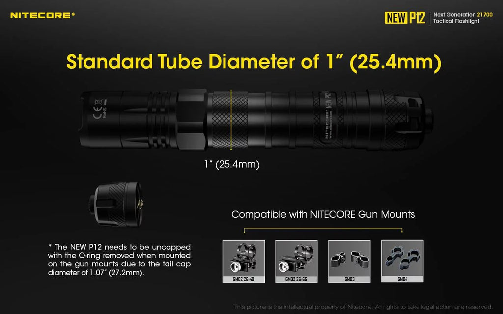 Nitecore New P12 Version LED Flashlight - 1200 Lumens w/NL2150HPR Battery, USB Cord, Offset Mount, RSW3 Pressure Switch, and 3Amp Wall Adapter