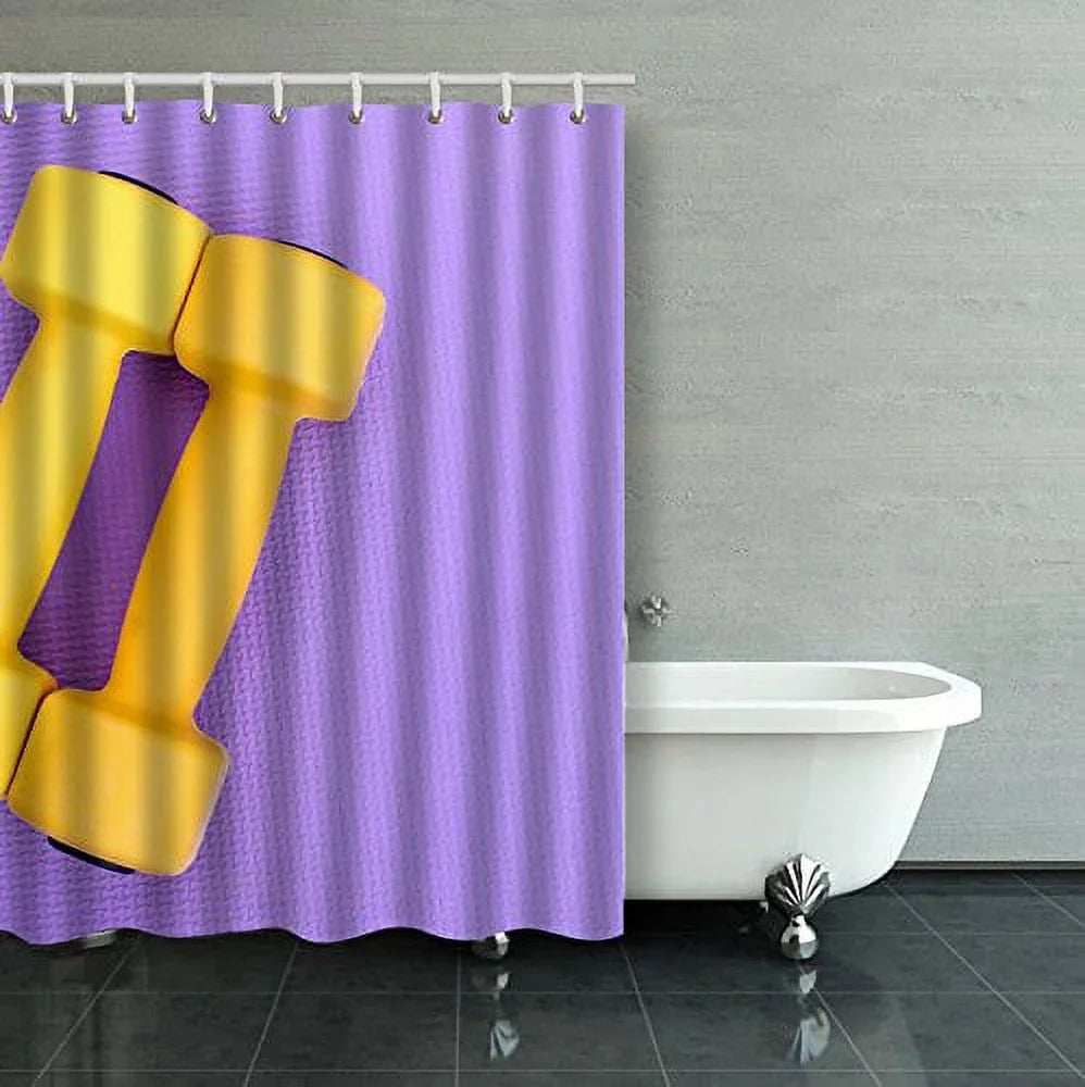 WOPOP Sports Ware For Gym Sport Concept Sporting Items On Purple Or Yellow Dumbbell Shower Curtain Bathroom Curtain 48x72 inches