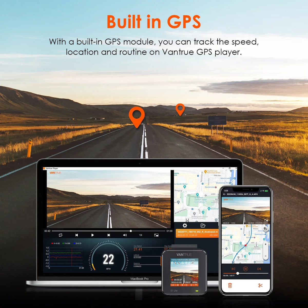Vantrue Mini Compact Voice Control Dash Cam 1920 X 1080P, WiFi Car camera with Dual GPS System, 24/7 Parking Mode, G-Sensor, 160° Wide Angle, Support 512GB Max (E1 W Lite)