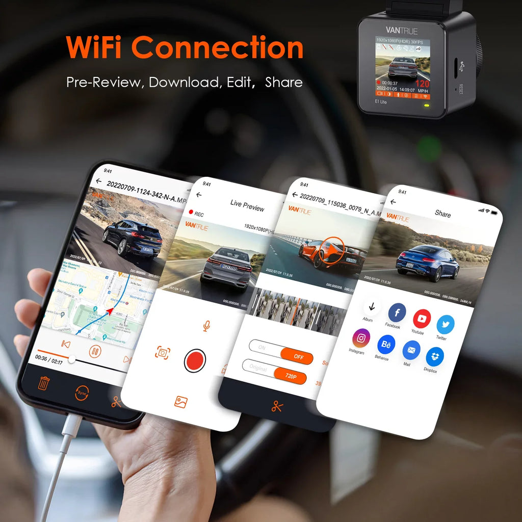 Vantrue Mini Compact Voice Control Dash Cam 1920 X 1080P, WiFi Car camera with Dual GPS System, 24/7 Parking Mode, G-Sensor, 160° Wide Angle, Support 512GB Max (E1 W Lite)