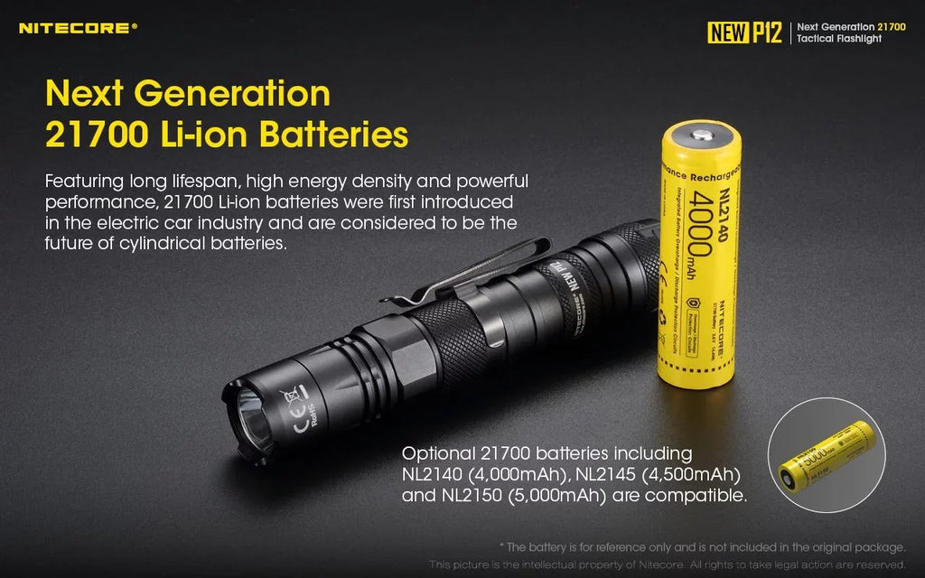 Nitecore New P12 Version LED Flashlight - 1200 Lumens w/NL2150HPR Battery, USB Cord, Offset Mount, RSW3 Pressure Switch, and 3Amp Wall Adapter