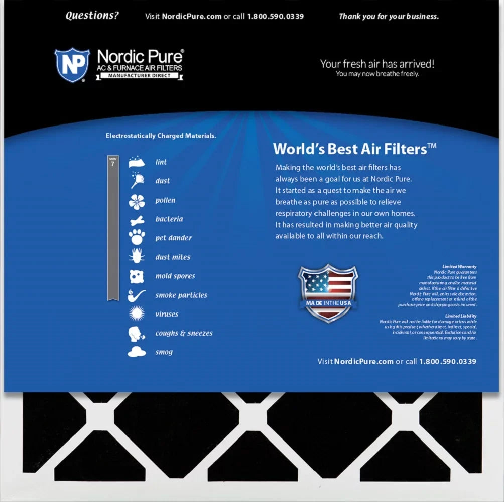 Nordic Pure 16x16x1 Pleated Air Filters MERV 7 Plus Carbon 6 Pack