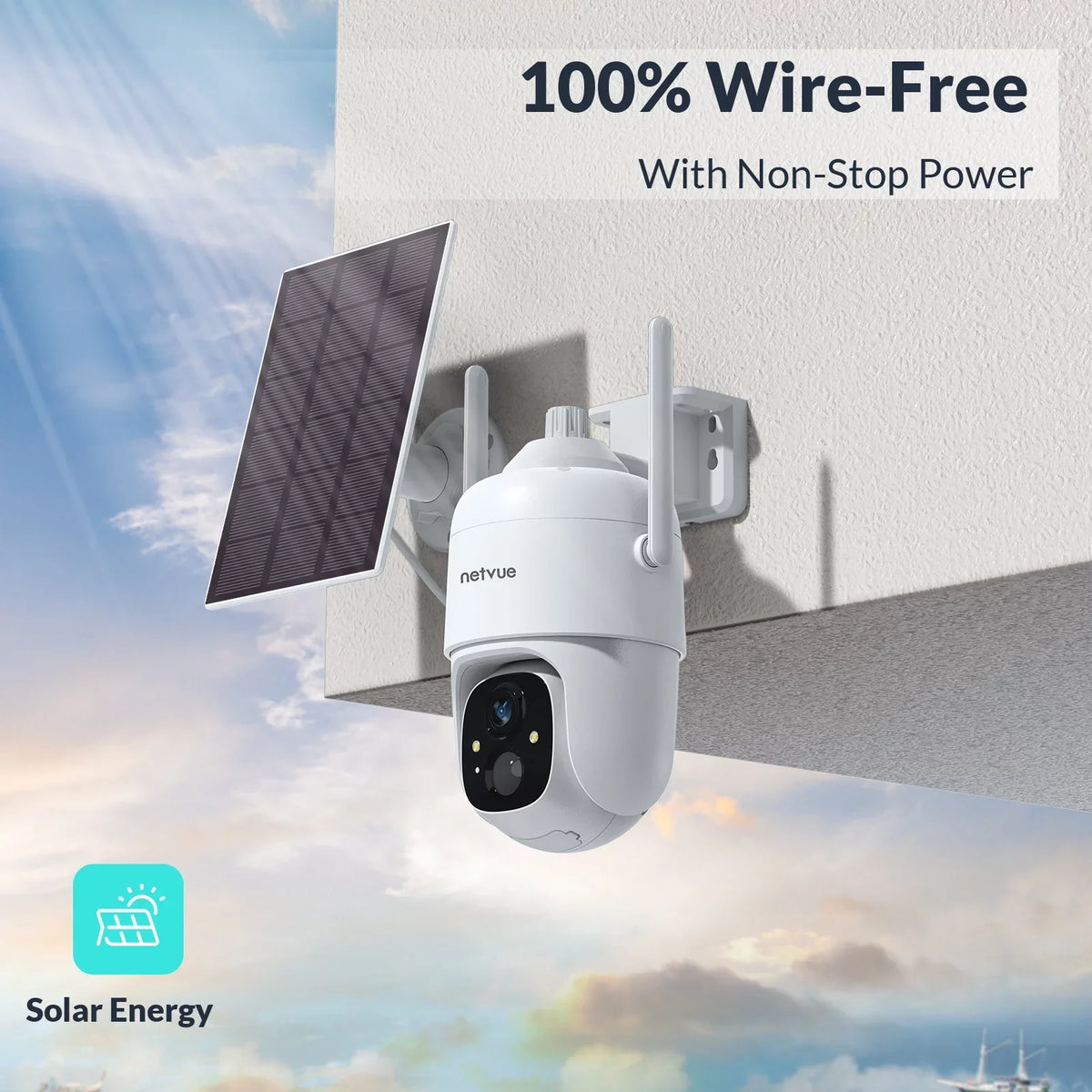 NETVUE Solar Security Cameras Wireless Outdoor 3MP Camera 2.4G WiFi 360° View PTZ. Strobe Light/Spotlight Home Security System with Motion Detection and Siren