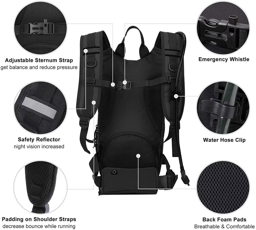 SKL Hydration Pack Tactical Fluid Backpack with 2L BPA Free Liquid Bladder, Military Liquid Bag Thermal Insulation, Adjustable Waist Pocket Daypack Fits Women Men for Running Hiking Cycling Biking