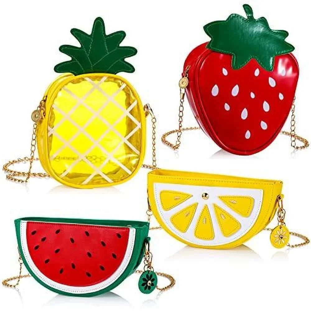 Set of 4 Fruit Shoulder Bag Lemon Fluid Shape Shoulder Bag Pineapple Strawberry Crossbody Purse Bag Cute Novelty Fruit Shoulder Mini Bag Purse Wallet for Women Girl Gift