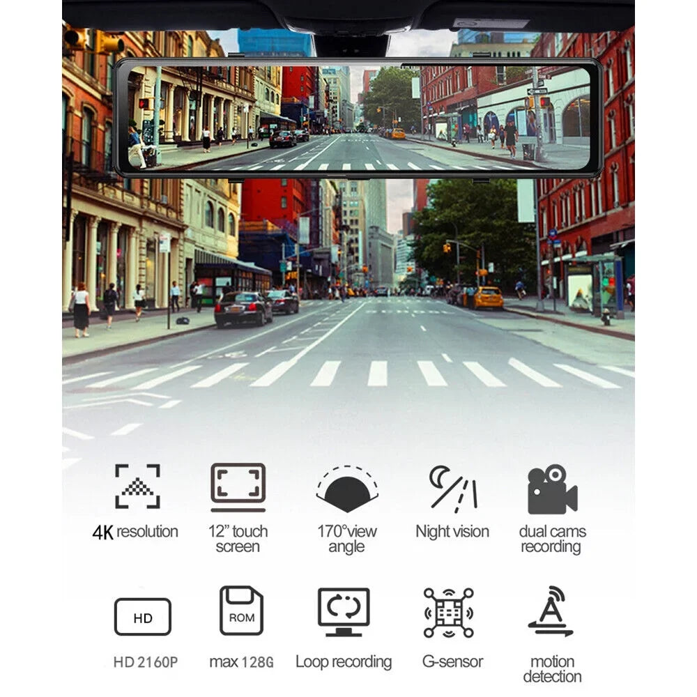 Paddsun 4K 12" Dash Cam Mirror GPS WiFi Voice Control Car Rear View Backup Dual Camera