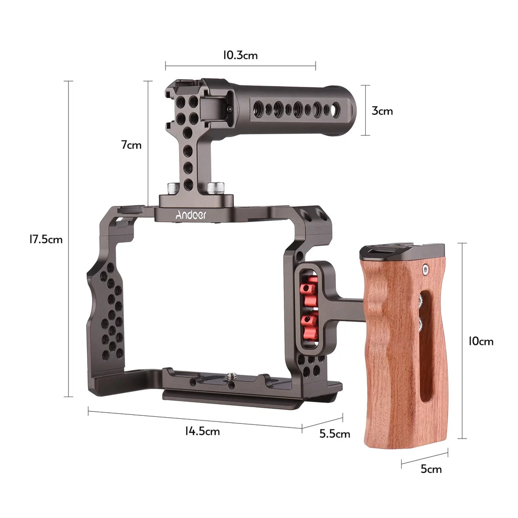 Andoer Aluminum Alloy Camera Cage Kit with Video Rig Handle Wooden Grip Replacement for A7R III/ A7 II/ A7III
