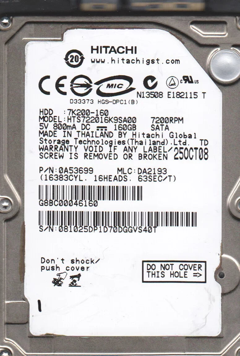HTS722016K9SA00, PN 0A53699, MLC DA2193, Hitachi 160GB SATA 2.5 Hard Drive