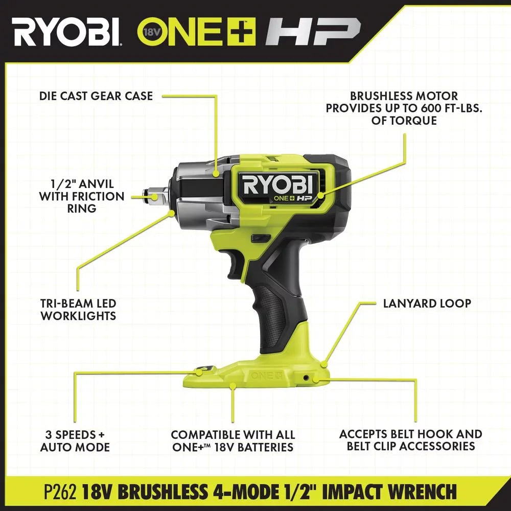 RYOBI ONE+ 18V Brushless Cordless 4-Mode 1/2 in. Impact Wrench (Tool Only) (P262)