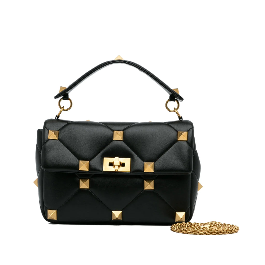 Pre-Owned Authenticated Valentino Medium Roman Stud Satchel Calf Leather Black Unisex (Good)