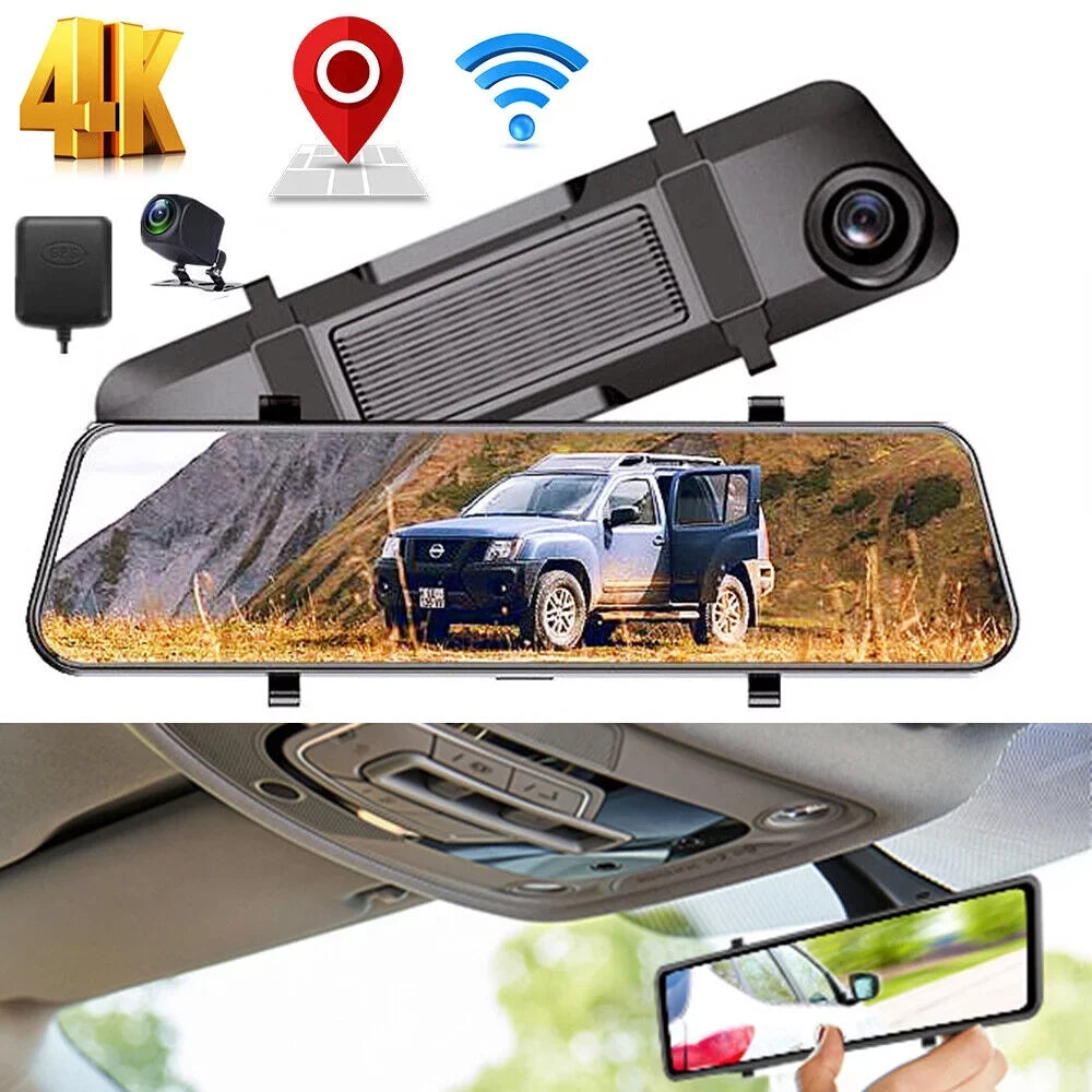 Paddsun 4K 12" Dash Cam Mirror GPS WiFi Voice Control Car Rear View Backup Dual Camera