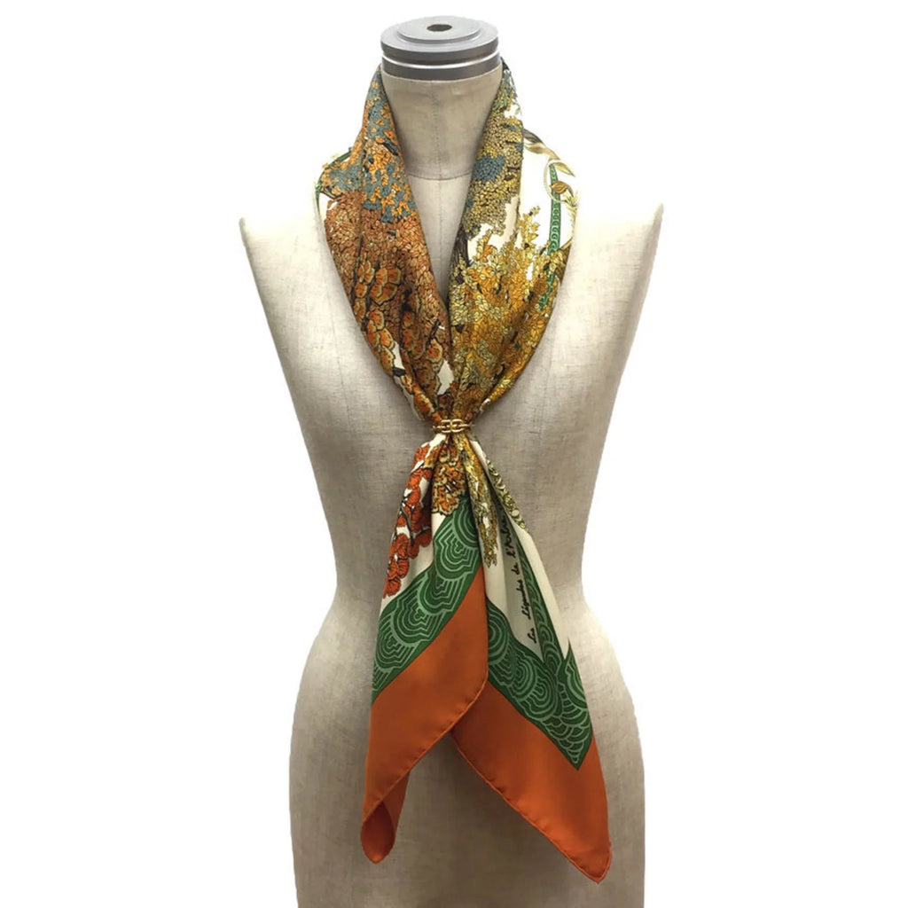 Pre-Owned HERMES Hermes Carre 90 Scarf Muffler Les Legendes de l'Arbre Tree Legend Orange x Green 100% Silk aq7062 (Good)