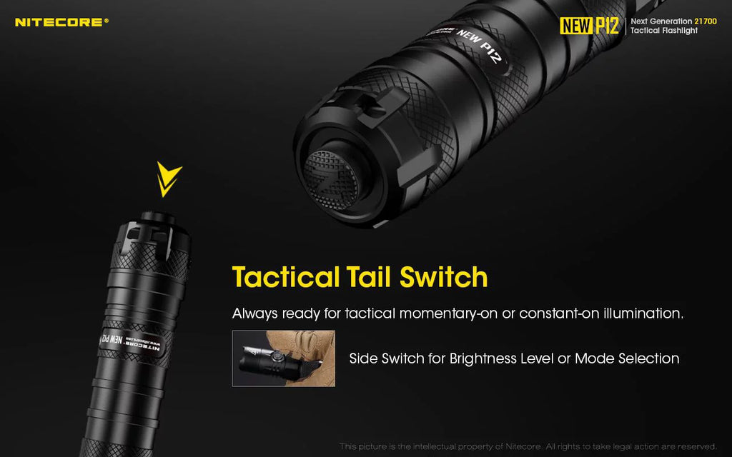 Nitecore New P12 Version LED Flashlight - 1200 Lumens w/NL2150HPR Battery, USB Cord, Offset Mount, RSW3 Pressure Switch, and 3Amp Wall Adapter