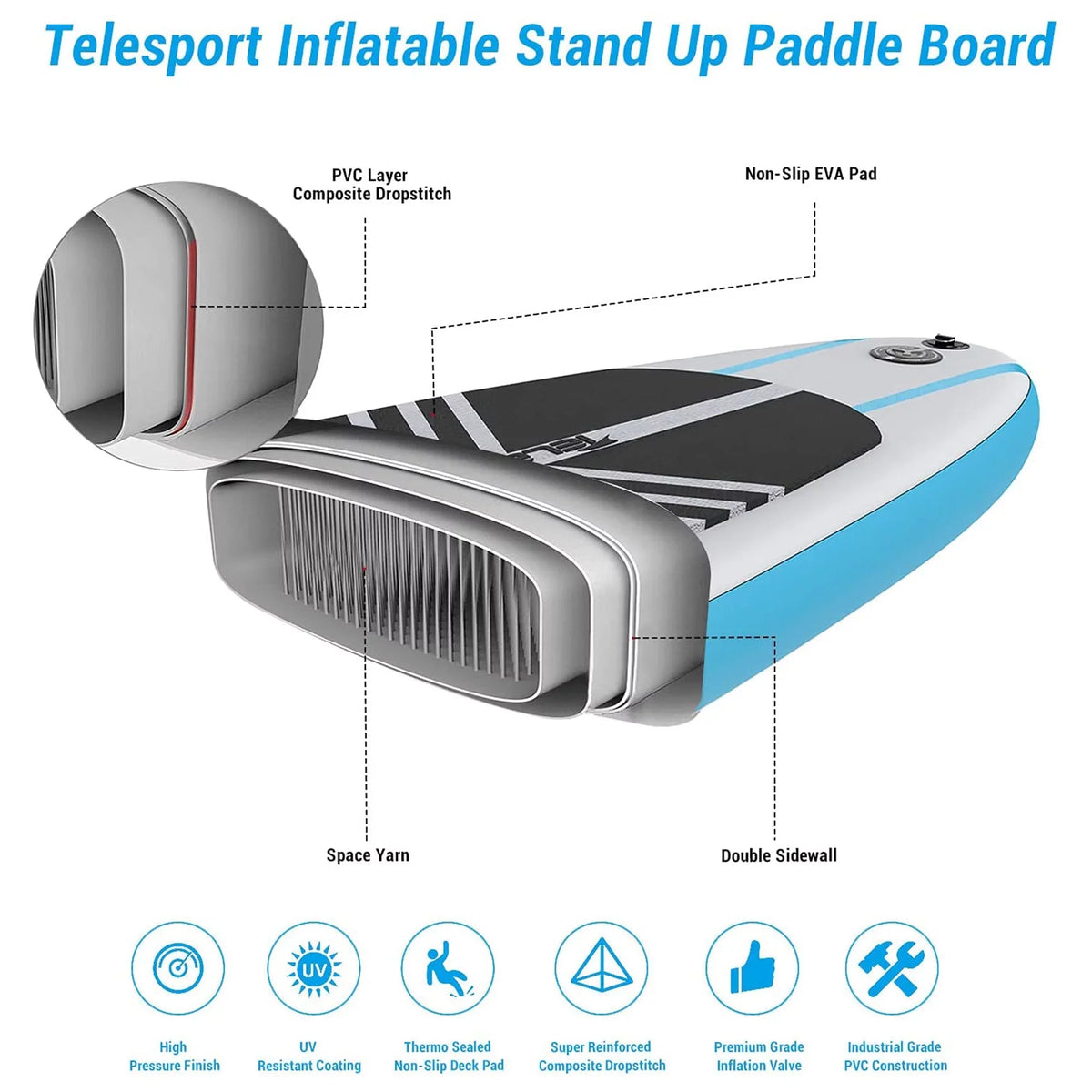 TELESPORT Paddle Boards Blowup SUP Paddleboard w/ Accessories, White & Blue