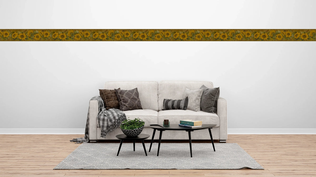 Dundee Deco Peel and Stick Self Adhesive Wallpaper Border - Floral Yellow, Mustard Sunflowers, Butterflies, 15 ft x 7 in