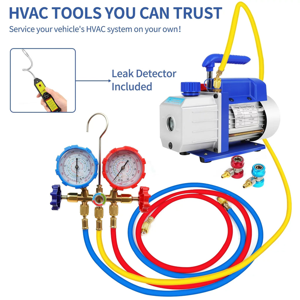 Complete Refrigerant Repair Tool Kit,1/3 4CFM HVAC Vacuum Pump,R134a AC Manifold Gauge Set With Hoses and Quick Couplers,Leak Detector For Air Conditioner