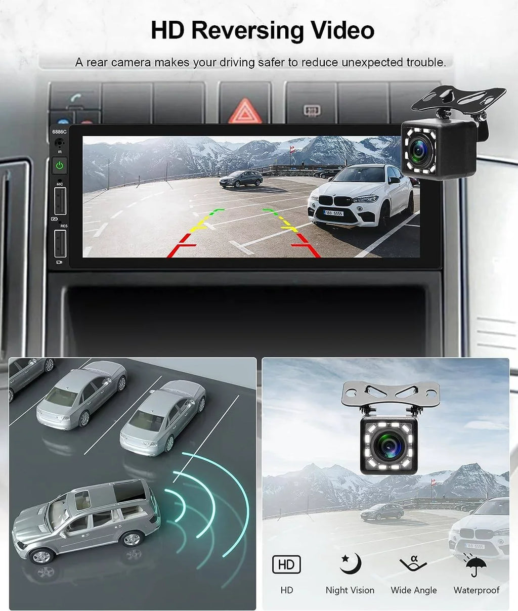 Podofo Single 1 Din 6.86'' HD Monitor Car Stereo Radio Wireless Carplay Android Auto Mirror Link Car MP5 Multimedia Player Bluetooth FM Receiver Audio USB,with Mic&Backup Camera