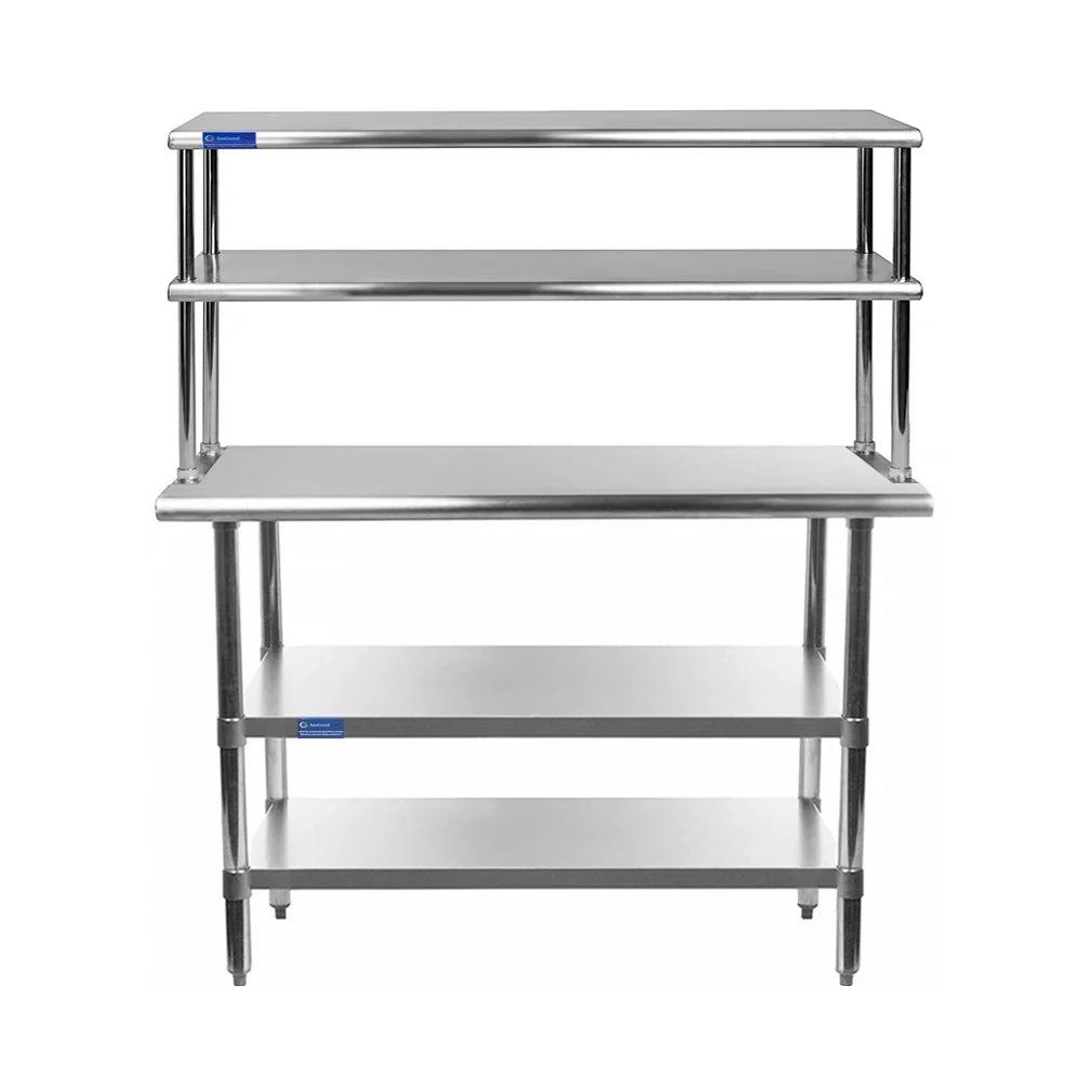 30" x 30" Stainless Steel Work Table With Two Shelves | 12" Wide Double Tier Overshelf | Metal Kitchen Prep Table & Shelving Combo