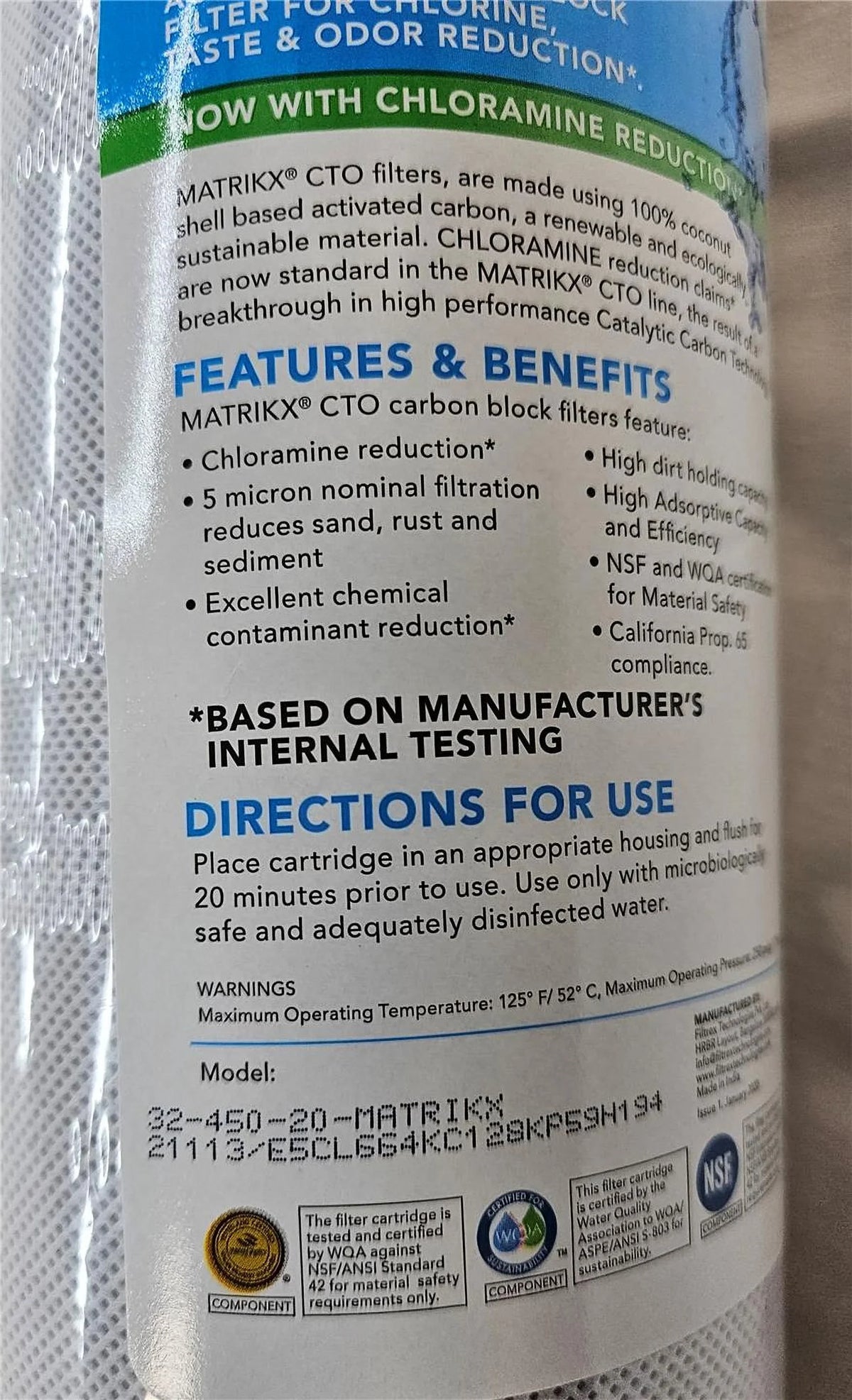 MatriKX (32-450-20-GREEN) 20"x4.5" CTO Carbon Block Chlorine Reduction 5 Micron Filter
