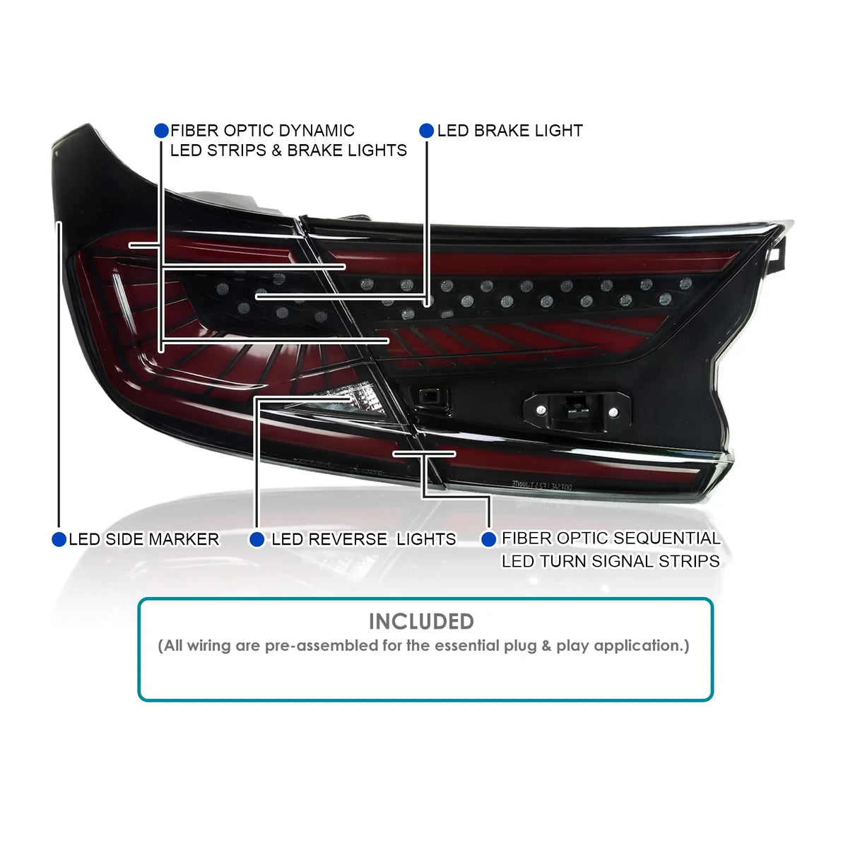 Spec-D Tuning Black Housing Smoke Lens Dynamic LED Sequential Tail Lights with Red Light Bar Compatible with 2018-2022 Honda Accord 4Dr Sedan Left + Right Pair Assembly