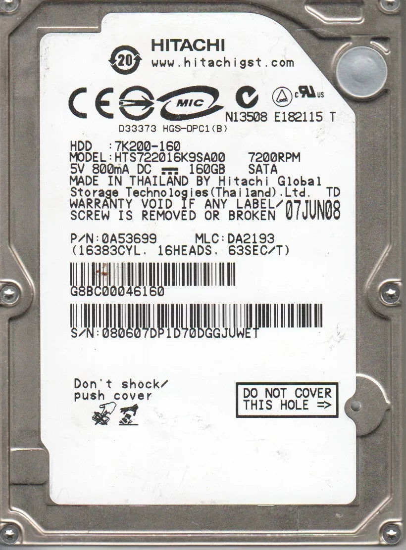 HTS722016K9SA00, PN 0A53699, MLC DA2193, Hitachi 160GB SATA 2.5 Hard Drive