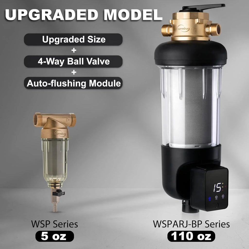 iSpring WSP100ARJ-BP Whole House Prefilter, Spin-Down Sediment Fluid Filter with Bypass, Upgraded Clear Housing, Jumbo Size, Flushable and Reusable, Monitor Auto Flushing, 4 Modes, 100 Microns