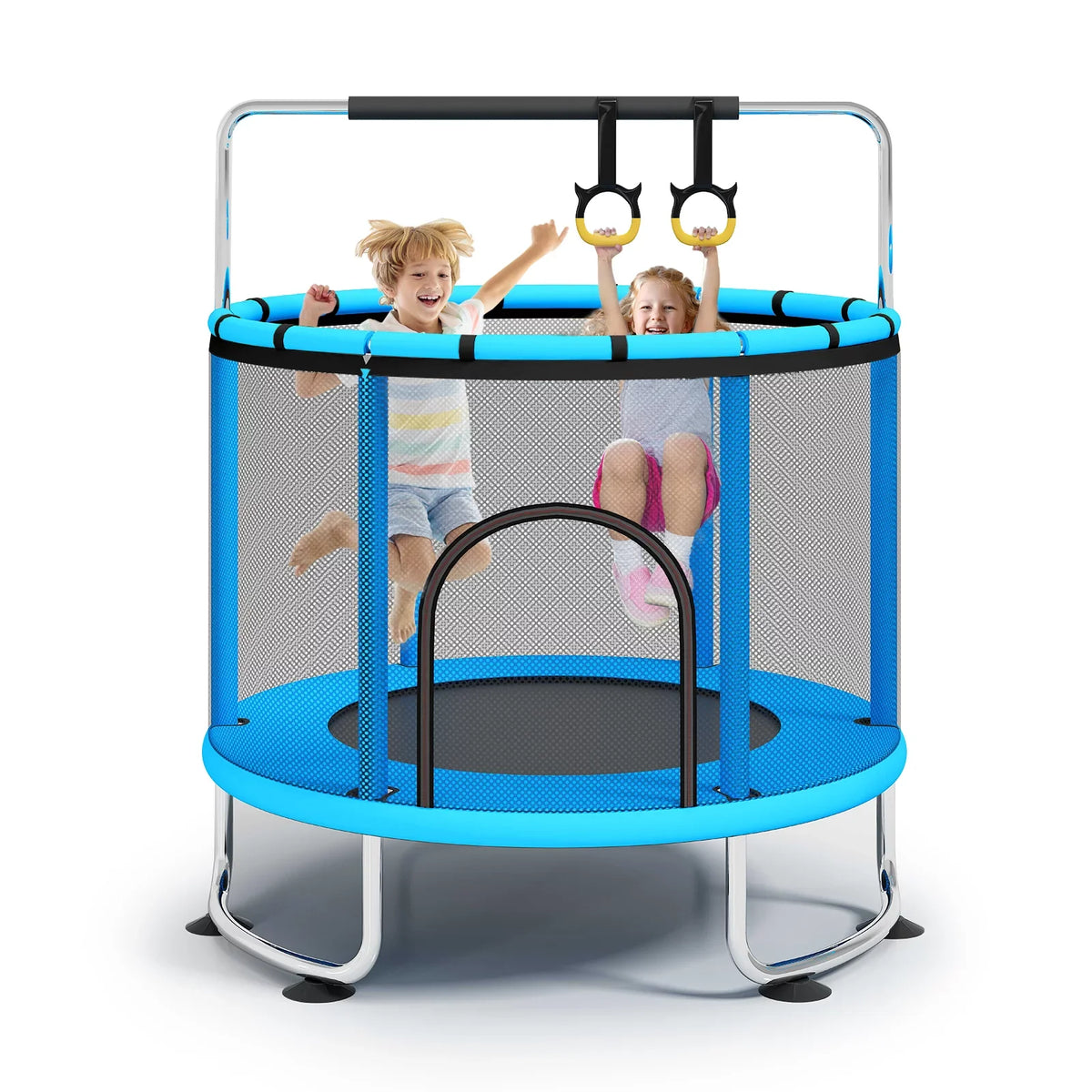 Fisca 55''Mini Trampoline for Kids, Toddler Trampoline with Basketball Hoop, Enclosure Net and Rings, Indoor Trampoline, 555lbs Load