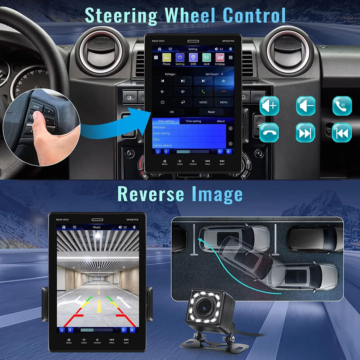 Podofo Single Din 9.5'' Car Stereo with Carplay Android Auto HD Touch Display Car MP5 Player Car Radio Bluetooth Mirror Link USB FM,with 12 LED Rear Camera