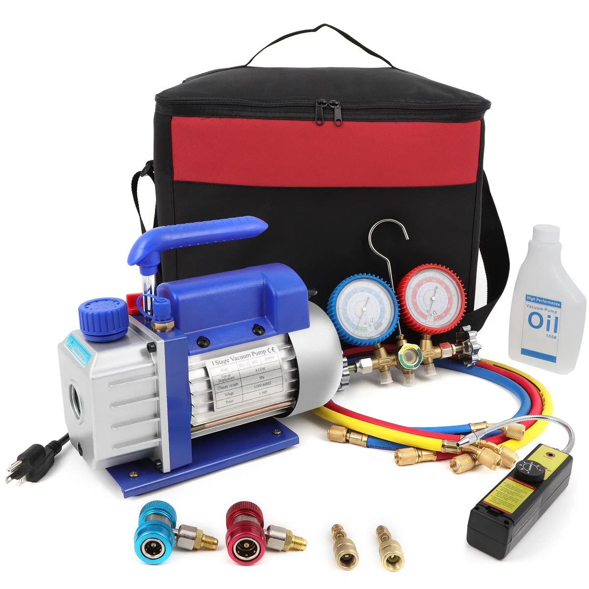 Complete Refrigerant Repair Tool Kit,1/3 4CFM HVAC Vacuum Pump,R134a AC Manifold Gauge Set With Hoses and Quick Couplers,Leak Detector For Air Conditioner