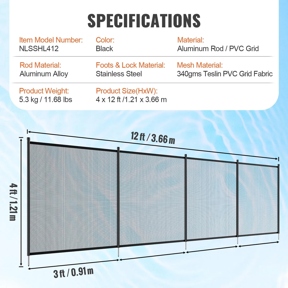 SKYSHALO 4 x 12 ft Pool Fence Detachable Pool Fence for Outdoor Underground Swimming Pools