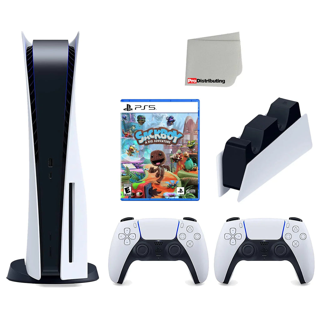Playstation 5 Disc Version Console with Extra White Controller, DualSense Charging Station and Sackboy: A Big Adventure Bundle with Cleaning Cloth
