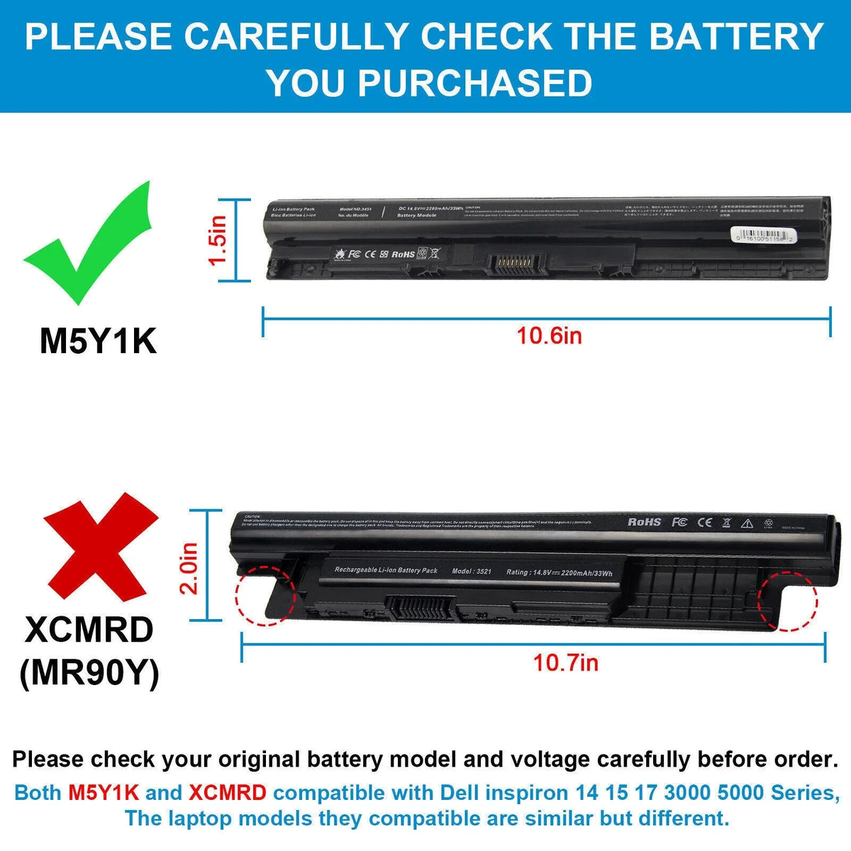 M5Y1K Battery for Inspiron 15 5000 3000 Series 3451 5559 5558 5555 K185W