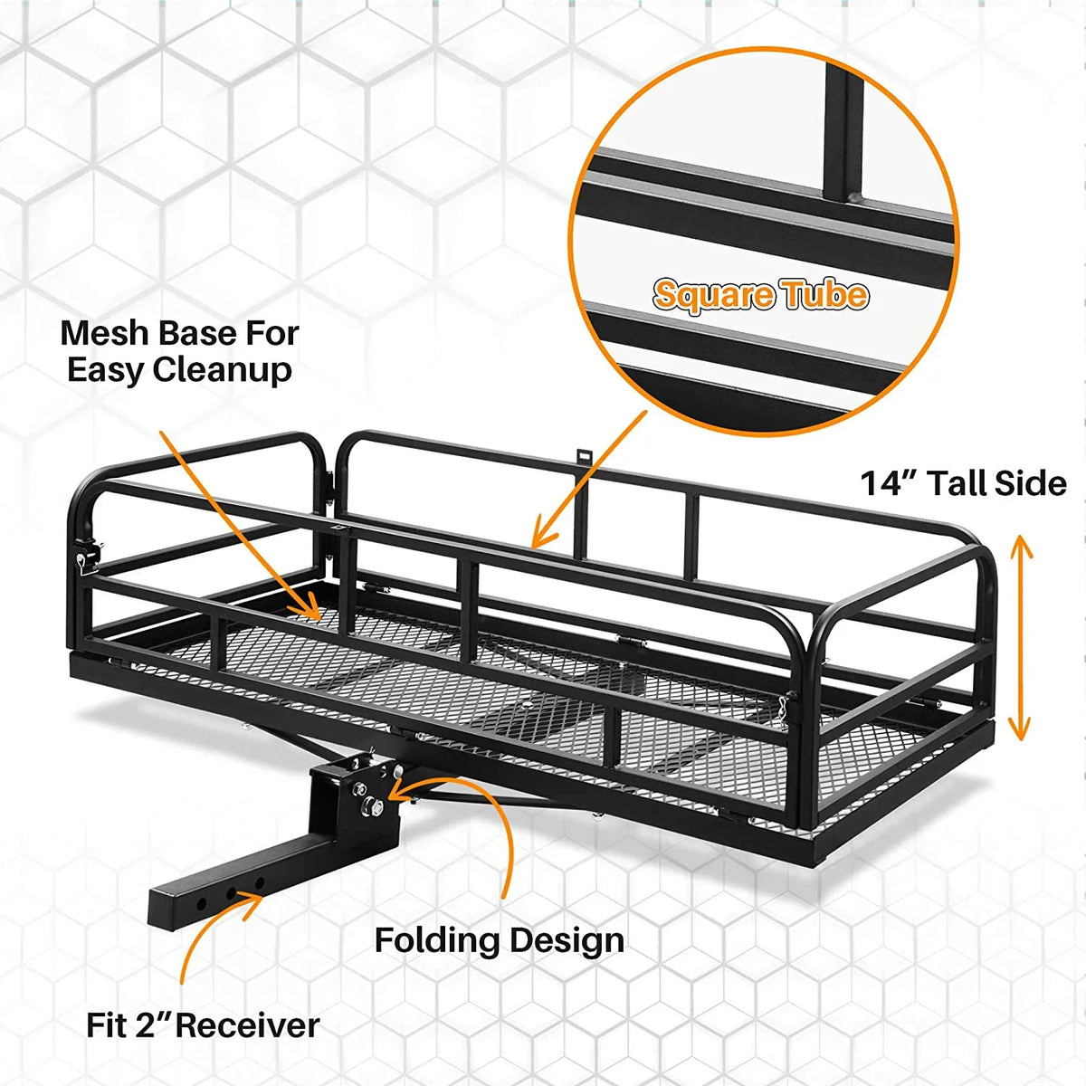 60 x 24 Inch Folding Cargo Rack Carrier with Fluid Cargo Bag 500 Lbs Heavy Duty Capacity 2 Inch Receiver Luggage Basket Hitch Fold Up for SUV Pickup Camping Traveling