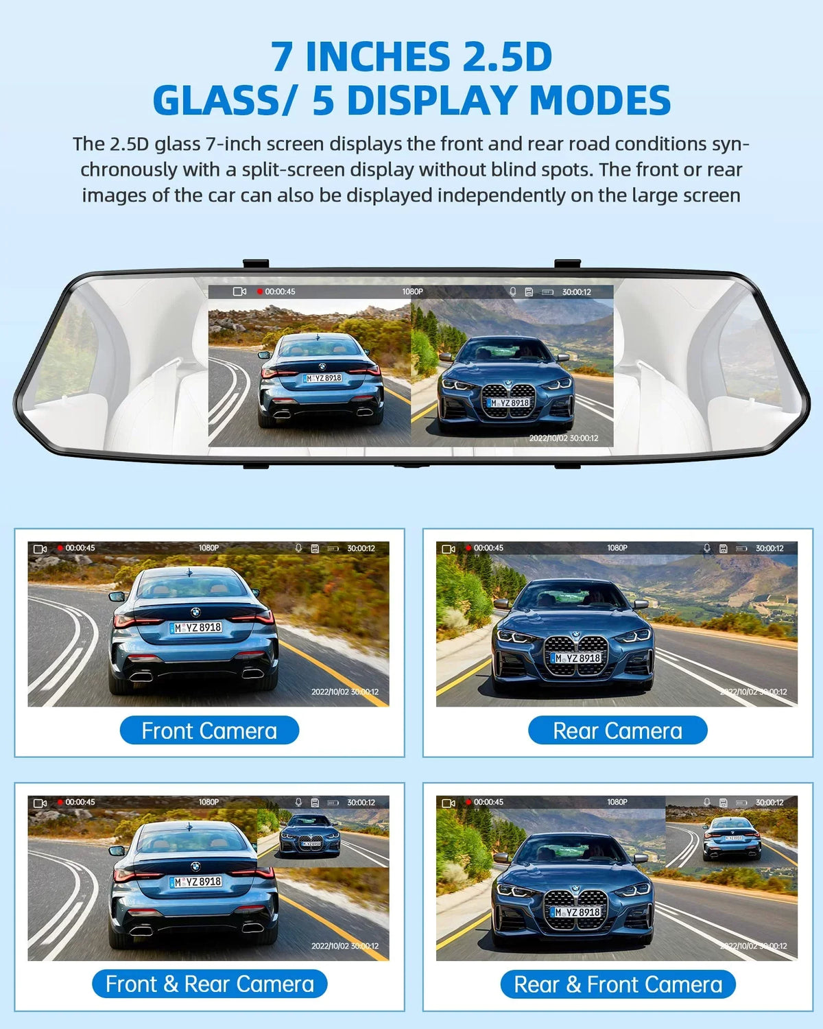 TOGUARD 7" Dual Mirror Dash Cam Front and Rear FHD 1080P Car Camera Monitor Rear View Mirror Camera Liquid Backup Camera with Parking Assistance Motion Detection
