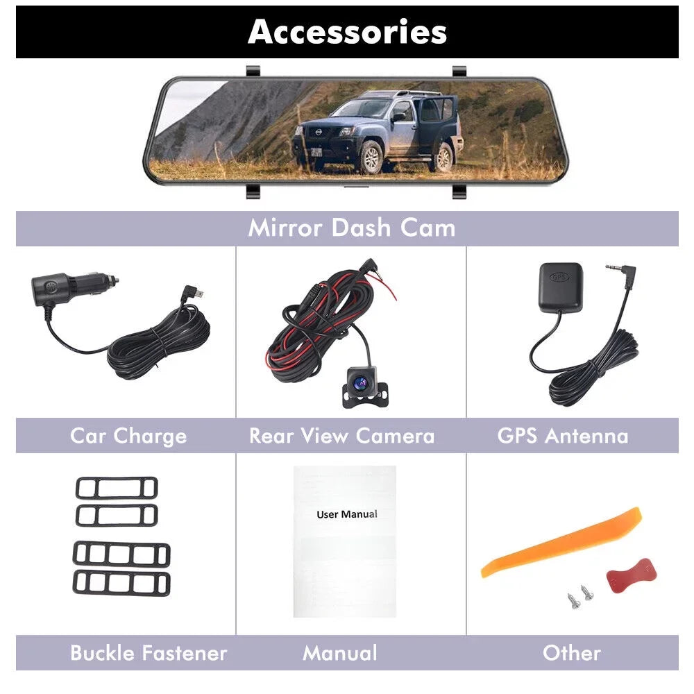 Paddsun 4K 12" Dash Cam Mirror GPS WiFi Voice Control Car Rear View Backup Dual Camera