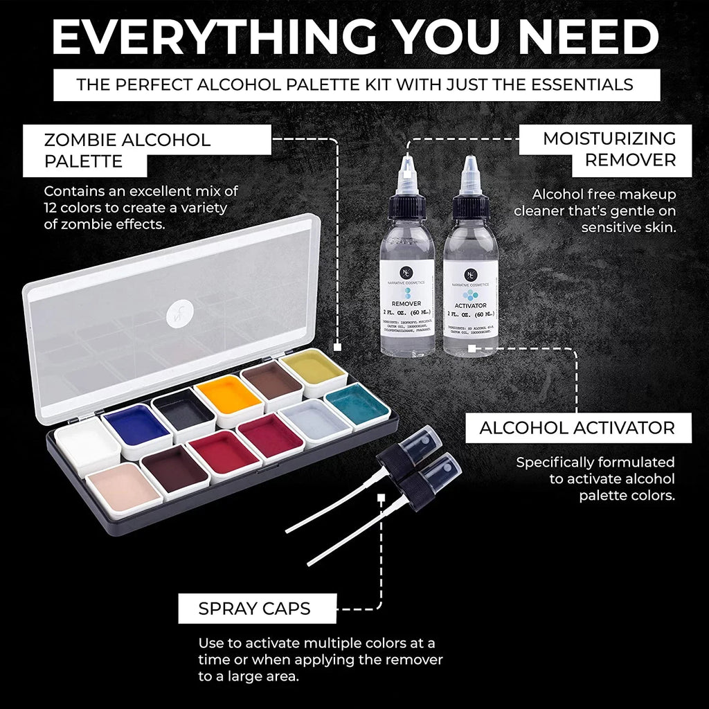Narrative Cosmetics 12 Color Zombie Alcohol Activated Makeup Palette Kit - Includes Alcohol Activator and Moisturizing Remover - Fluid SFX Makeup for Professional Makeup Artists