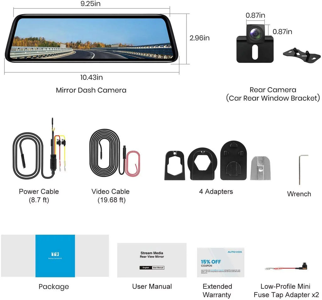 Auto-Vox Rear View Mirror Monitor 9.35'' Touch Monitor 1080P Backup Camera Driving Recorder for Truck